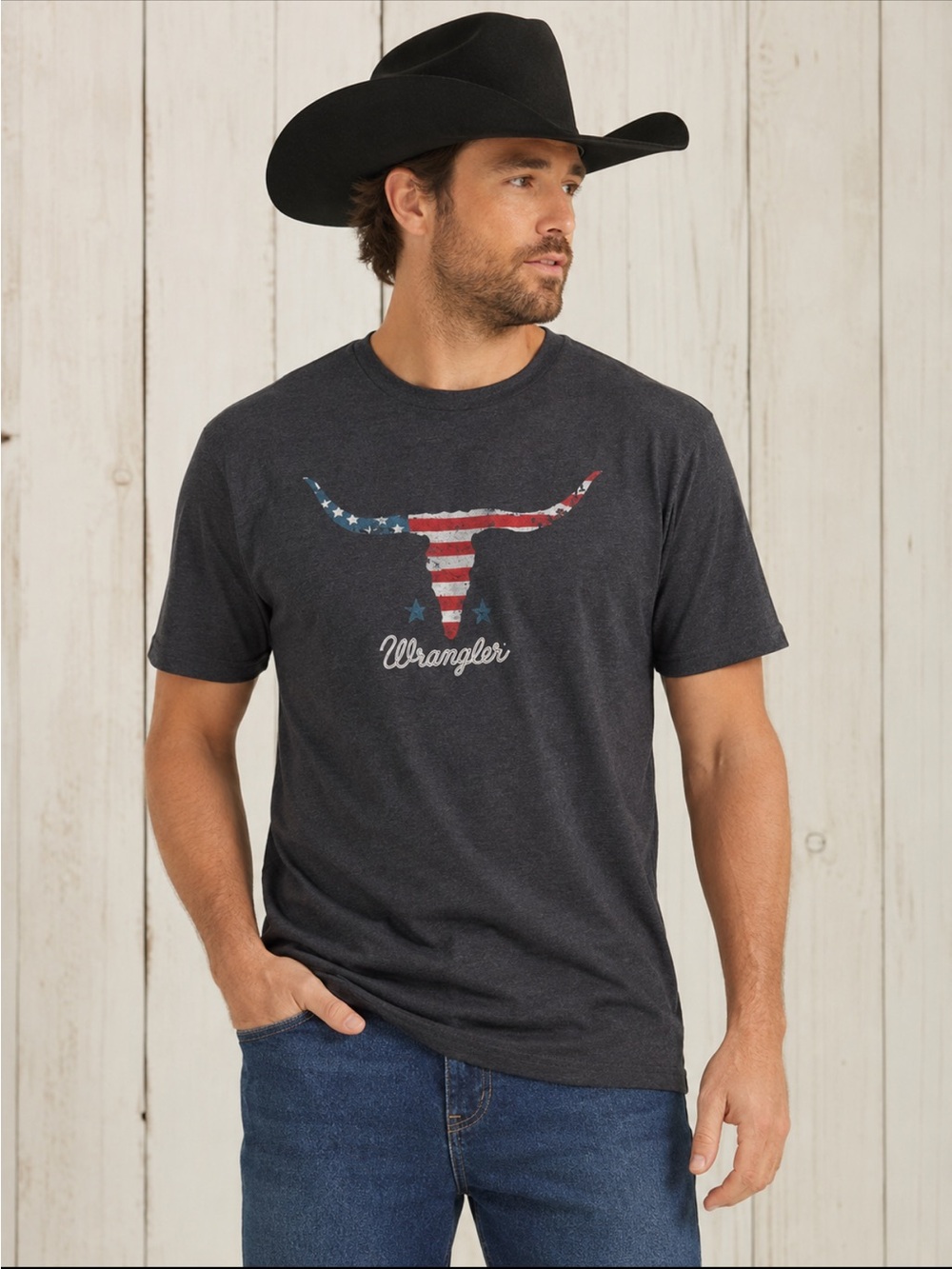 Wrangler Charcoal Short Sleeve Tee with American Flag Longhorn